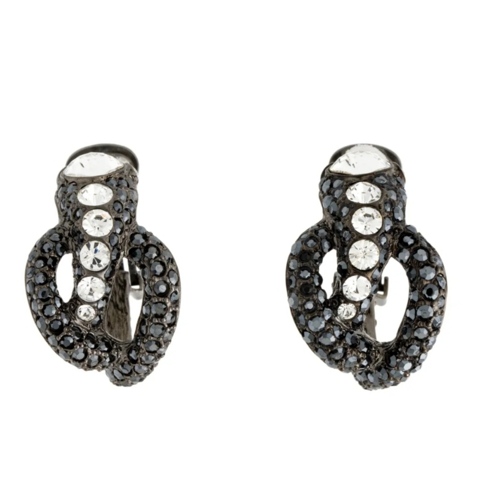 Vintage Kenneth Jay Lane's Scintillating Serpent Gunmetal Hoop Earrings - Picture 1 of 7